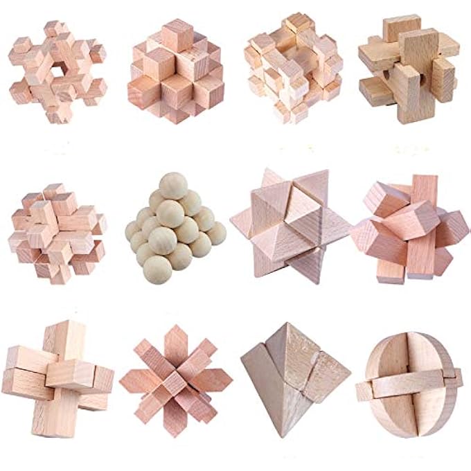 12 PIECES WOODEN BRAIN TEASER PUZZLE LOGIC PUZZLES, IQ GAMES IQ TEST CHALLENGE TOY 3D INTERLOCKING PUZZLES DETANGLING GAME FOR CHILDREN TEENAGERS ADULTS - Image 1